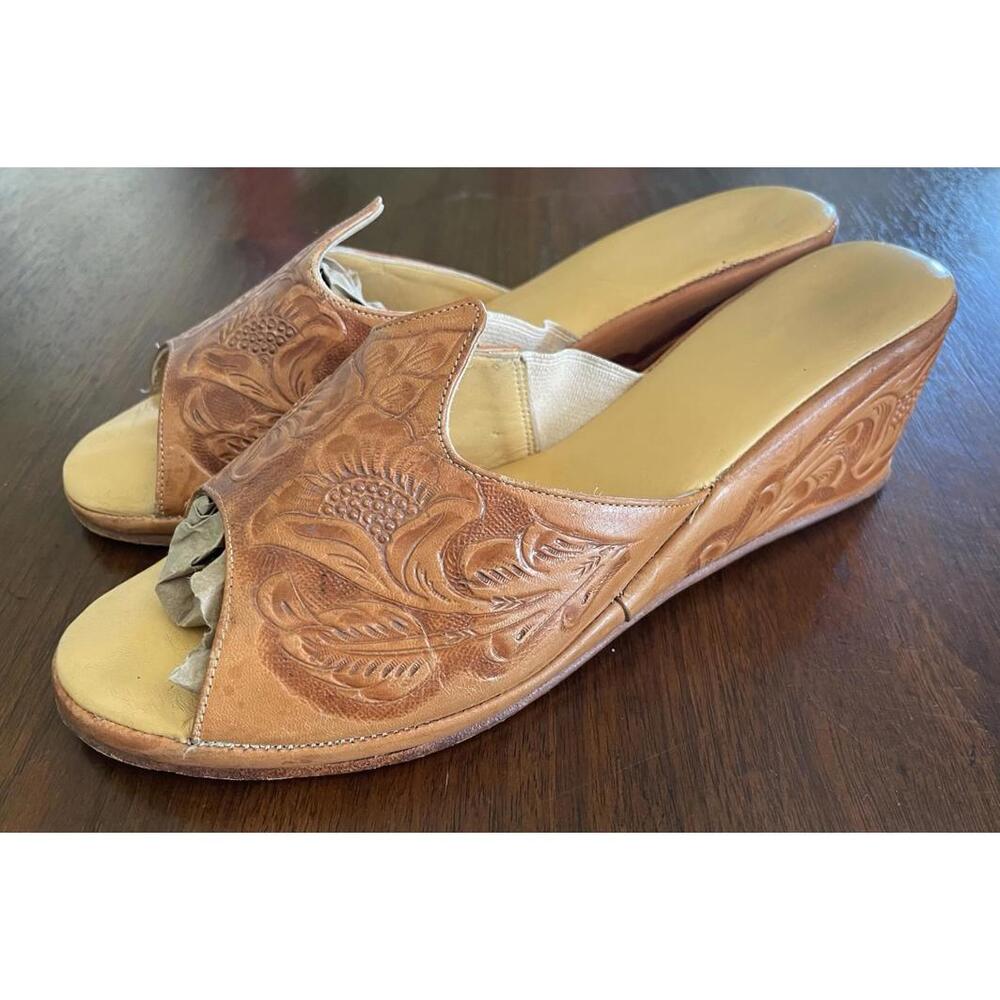 Vintage Mexican Tooled Leather Wedge Slides/Mules - Floral - Size 8/ 8.5